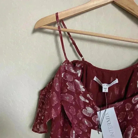 Veronica Beard Benton Top Ruffles One Shoulder Red/Silver‎ Size 8 - Picture 6 of 16